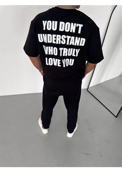 Unisex Bisiklet Yaka Baskılı Oversize T-Shirt - Siyah modelleri