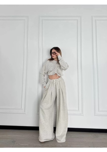 Uzun Kollu Önü Ip Büzgülü Crop ve Pantolon Ikili Takım - Gri fiyatları