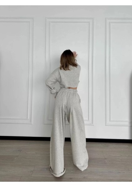 Uzun Kollu Önü Ip Büzgülü Crop ve Pantolon Ikili Takım - Gri modelleri