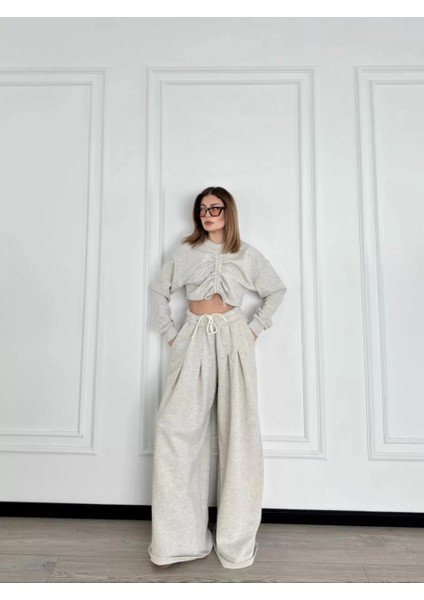 Uzun Kollu Önü Ip Büzgülü Crop ve Pantolon Ikili Takım - Gri fırsatları