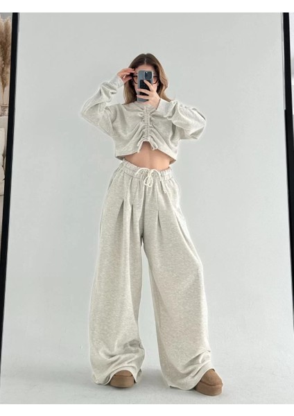 Uzun Kollu Önü Ip Büzgülü Crop ve Pantolon Ikili Takım - Gri indirimleri
