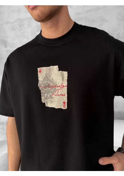 Ön ve Arka Baskılı Oversize Bisiklet Yaka T-Shirt - Siyah