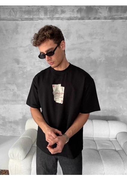 Ön ve Arka Baskılı Oversize Bisiklet Yaka T-Shirt - Siyah modelleri
