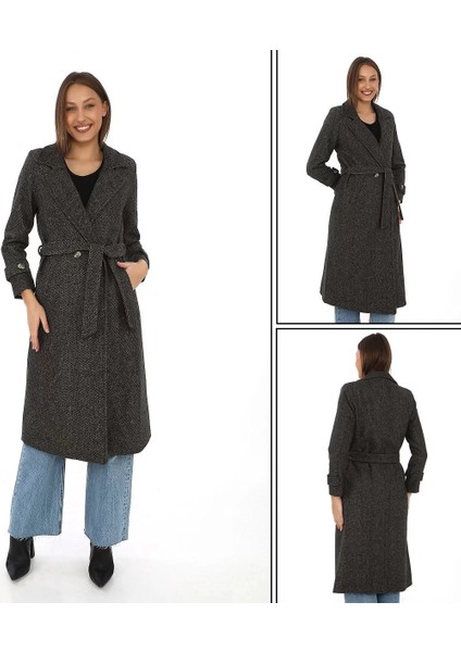 Kadın Astarlı Balık Sırtı Kaşmir Kaşe Kaban - Kahverengi indirimleri