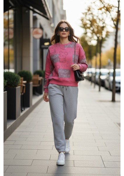 Kadın Pembe Baskılı %100 Pamuk 3 Iplik Şardonsuz Sweatshirt - Normal Kalıp Basic Bisiklet Yaka fiyatları