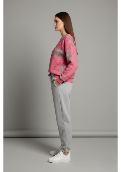 Kadın Pembe Baskılı %100 Pamuk 3 Iplik Şardonsuz Sweatshirt - Normal Kalıp Basic Bisiklet Yaka modelleri