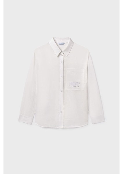 Kız Çocuk Regular Fit Nakışlı Cep Detaylı Gömlek - Krem