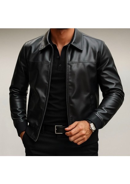 Premium Slim Fit Polo Yaka Deri Ceket Erkek Suni Deri Konforlu Kullanım Özelliği fiyatları
