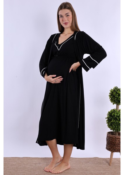 Siyah Sabahlıklı Hamile Lohusa Gecelik Takım