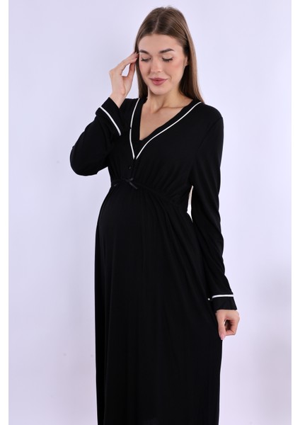 Siyah Sabahlıklı Hamile Lohusa Gecelik Takım