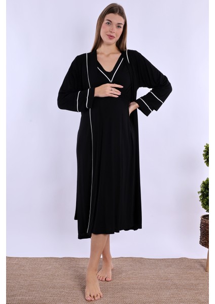 Siyah Sabahlıklı Hamile Lohusa Gecelik Takım