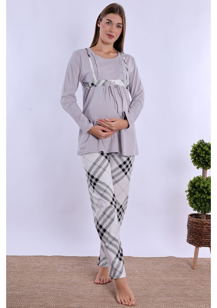 Gri %100 Pamuk Hamile Lohusa Pijama Takımı