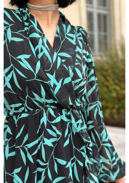 Çiçek Desenli Balon Kol Maxi Elbise