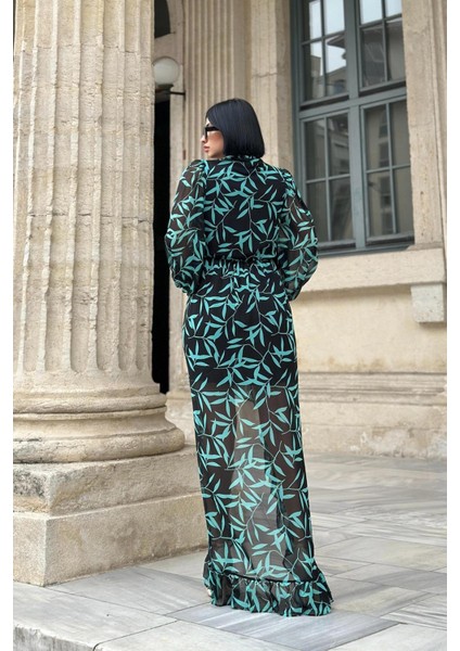 Çiçek Desenli Balon Kol Maxi Elbise fırsatları