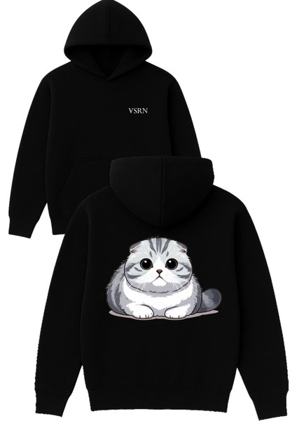 British Kedi Cat Tasarım Baskılı Oversize Siyah Kapüşonlu Sweatshirt