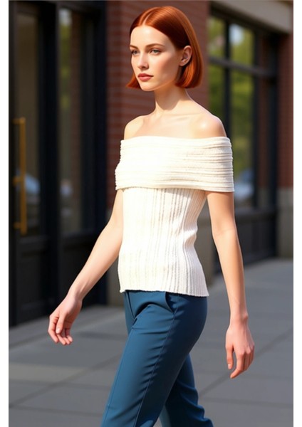 Kadın Carmen Yaka Dokulu Triko Bluz Zahmetsiz Şıklık ve Konfor Sunan Günlük Parça Kaliteli