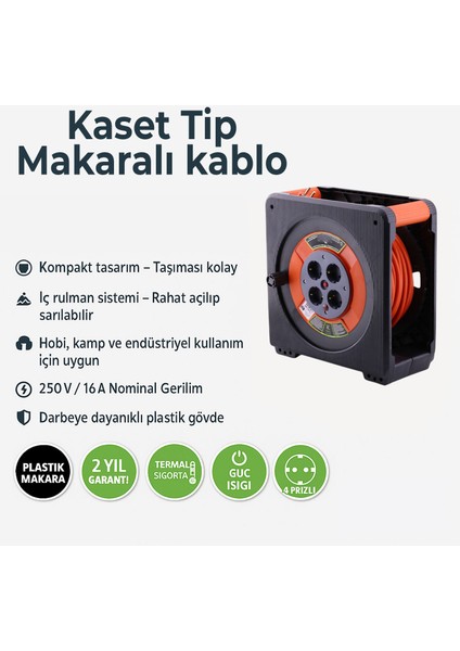 Kaset Tipi 3x1.5 Mm² 35 Metre Makaralı Uzatma Kablosu Cca 4 Prizli Termal Korumalı Dayanıklı Plastik fiyatları
