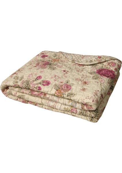 Gül - Klasik Geleneksel Çiçek -%100 Pamuk Kapitone Örtü Battaniye, 127 x 152 Cm, Ekru