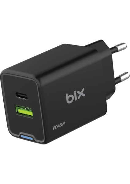 BX2P46G Gan Pd 45W Type-C ve Usb-A Qc 18W Çift Portlu Akım Korumalı Hızlı Şarj Cihazı (Siyah)