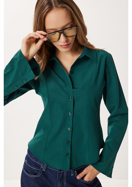 Çan Kollu Vücuda Oturan Dokuma Gömlek LUB0300 Zümrüt Yeşili