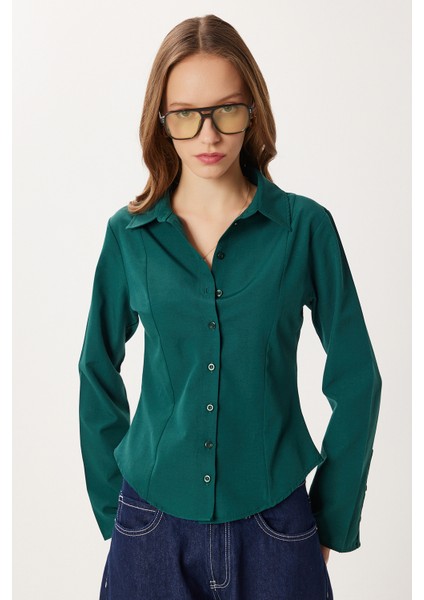 Çan Kollu Vücuda Oturan Dokuma Gömlek LUB0300 Zümrüt Yeşili fiyatları