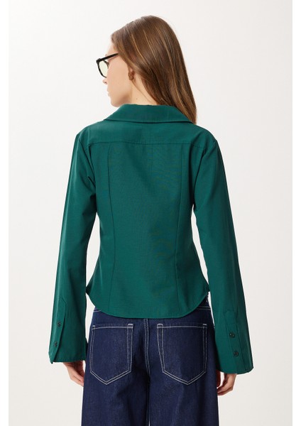 Çan Kollu Vücuda Oturan Dokuma Gömlek LUB0300 Zümrüt Yeşili indirimleri
