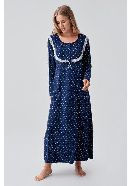 Uzun Kollu Desenli Düğmeli Esnek Pamuklu Gecelik 18101