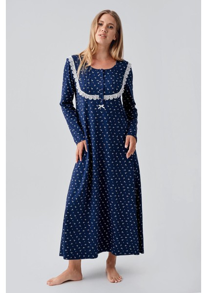 Uzun Kollu Desenli Düğmeli Esnek Pamuklu Gecelik 18101 fiyatları