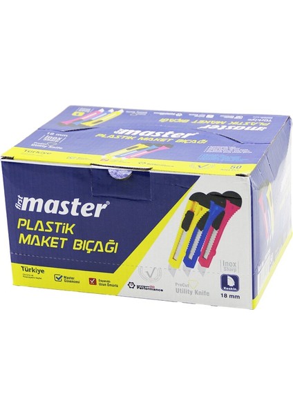 50 Adet Falçata Maket Bıçak Plastik 18MM Otomatik Kilit - Ayarlanabilir Klips FM-1006 (5224)