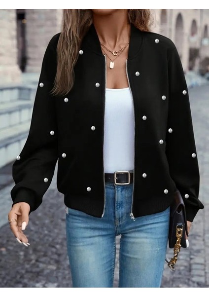 Kadın İnci Detaylı Bomber Ceket | Fermuarlı Bisiklet Yaka Siyah Spor Şık Mevsimlik Mont modelleri