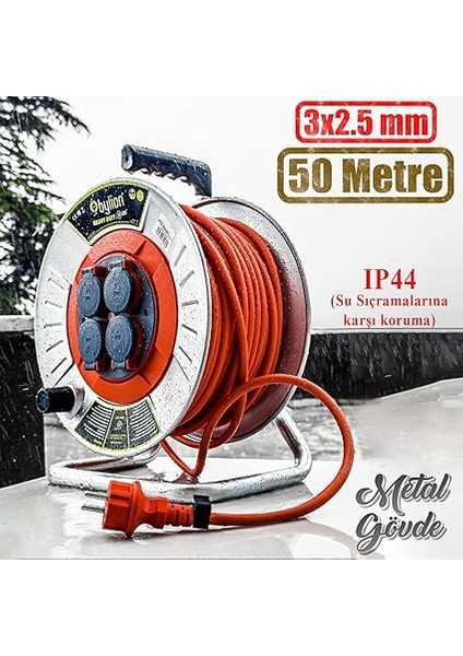Seyyar Kablo Kapaklı 4 Prizli Metal Uzatma Kablosu 3x2.5 mm Cca Kablo 50 Metre indirimleri