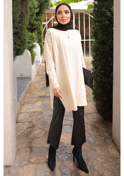 Krem Bisiklet Yaka Soğuk Iplik Triko Tunik modelleri