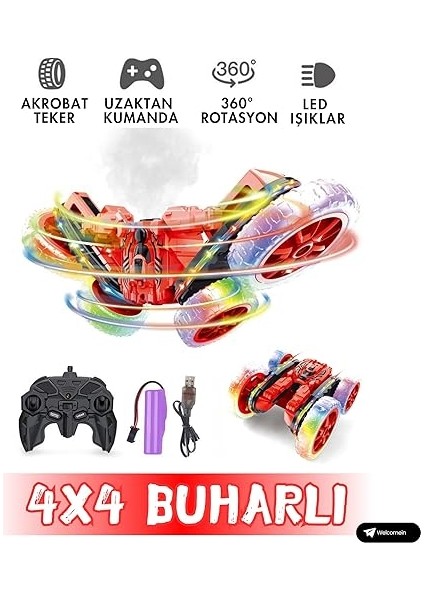Ghz Uzaktan Kumandalı Full Fonksiyon Şarjlı LED Işıklı 4x4 Buhar Duman Atan Akrobat Araba (Kırmızı) fiyatları
