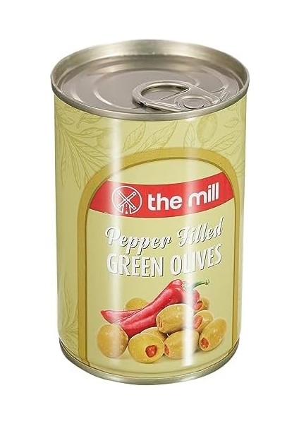 The Mill Biber Dolgulu Yeşil Zeytin Teneke (12&apos;li Paket) - Süzme Ağırlık: 100 G - 361-400 Adet/kg - Çekirdeksiz - Salamura - Kuzey Ege Bölgesi Zeytinleri - Vitamin ve Antioksidanca Zengin