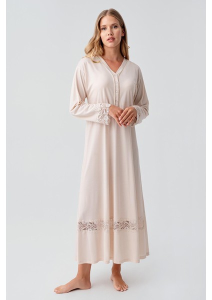 Uzun Kollu Dantelli Düğmeli Esnek Viskoz Gecelik 18106 fiyatları
