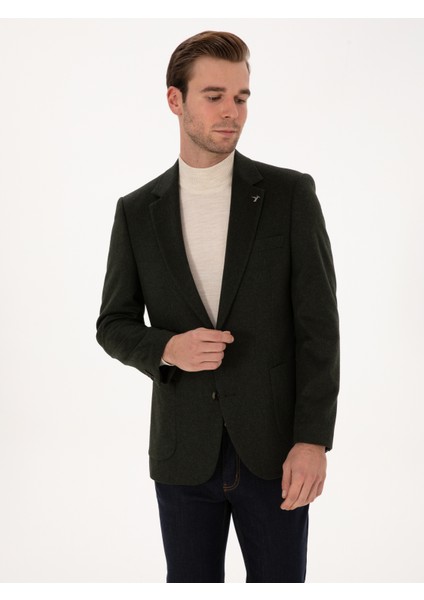 Erkek Koyu Haki Slim Fit %100 Kaşmir Flanel Ceket 50314254-VR111