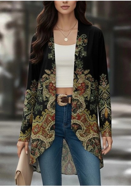 Mdb Kadın Uzun Kollu Önü Açık Desenli Şardonlu Dalgıç Ceket