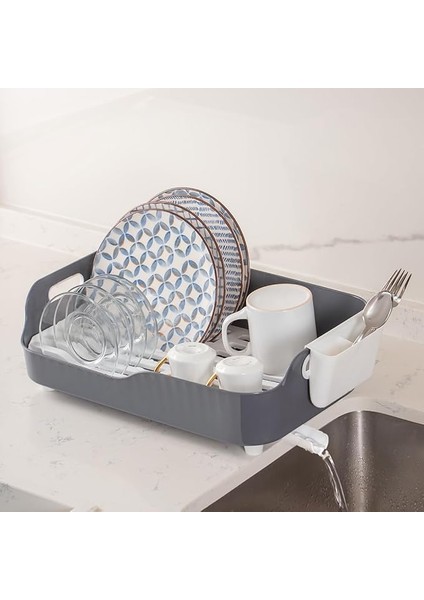 AKL-060 Gri Lüks Tabaklık Bulaşıklık-Yönlendirilebilir Su Akıtma Kanallı Bulaşık Sepeti-Kaşıklıklı