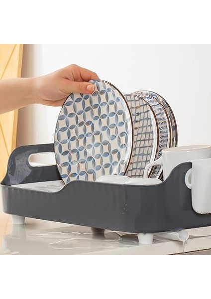 AKL-060 Gri Lüks Tabaklık Bulaşıklık-Yönlendirilebilir Su Akıtma Kanallı Bulaşık Sepeti-Kaşıklıklı modelleri