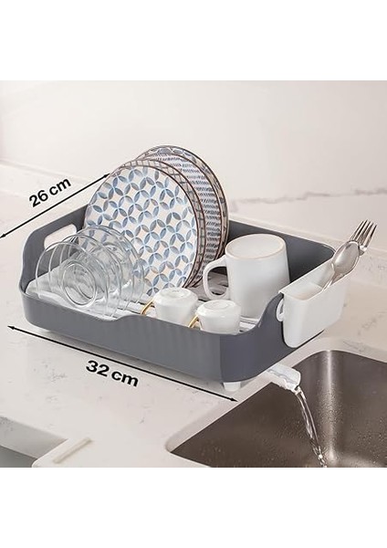 AKL-060 Gri Lüks Tabaklık Bulaşıklık-Yönlendirilebilir Su Akıtma Kanallı Bulaşık Sepeti-Kaşıklıklı fırsatları