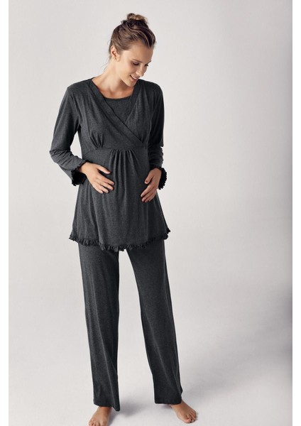 Kadın Uzun Kollu Esnek Pamuklu Kumaş Hamile Pijama Takımı 13201