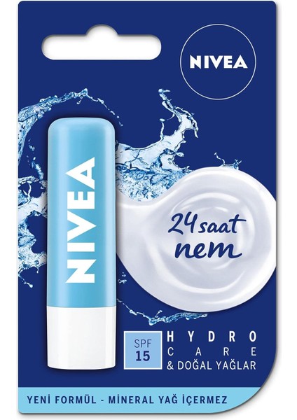 Nıvea Hydro Care Dudak Bakım Kremi, 24 Saat Nem, Aloe Vera, Saf Su ve Doğal Yağlar, Spf 15, Gün Boyu Dudak Bakımı (4,8g)