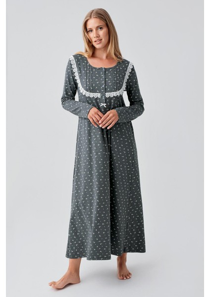 Uzun Kollu Desenli Düğmeli Esnek Pamuklu Gecelik 18101