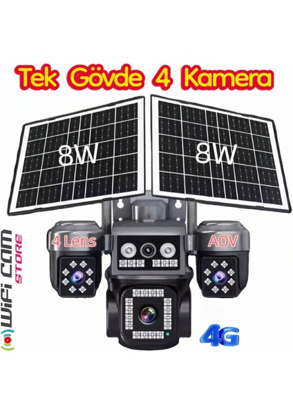 4 Kameralı Çift Panelli 4g Solar Güvenlik Kamerası – Aov Teknolojisi ile 7/24 Kayıt
