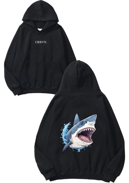 Shark Tasarım Baskılı Oversize Siyah Kapüşonlu Sweatshirt