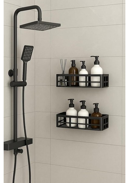 Duş Rafı – Paslanmaz Banyo Şampuanlık Organizer | Delmeden Montaj | Geniş Kapasiteli Duş Organizeri | Siyah Metal Raf – Banyo Mutfak Uyumlu