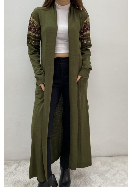 Bayan Uzun Kilim Desen Saç Örgü Ceket