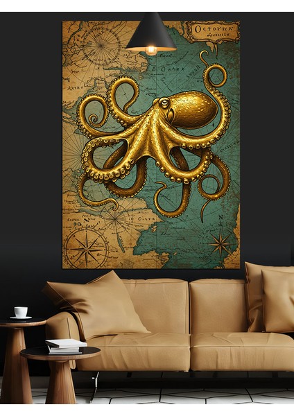 Ahtapotun Altın Rengi Deniz Canlısı Dekoratif Kanvas - Mdf Ahşap Tablo