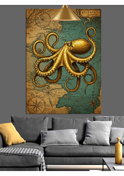 Ahtapotun Altın Rengi Deniz Canlısı Dekoratif Kanvas - Mdf Ahşap Tablo fiyatları