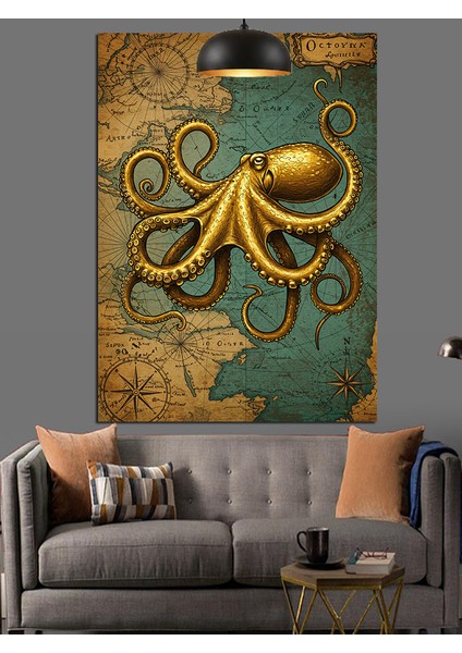 Ahtapotun Altın Rengi Deniz Canlısı Dekoratif Kanvas - Mdf Ahşap Tablo fırsatları